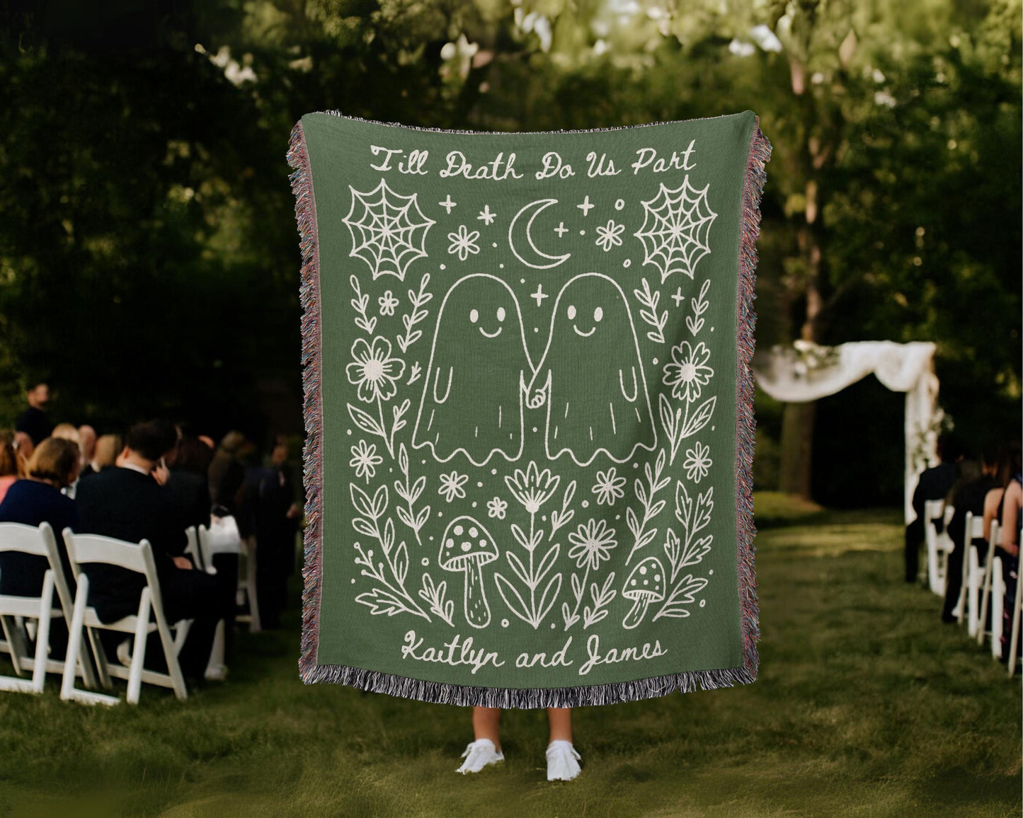 Custom Woven Halloween Blanket with Kawaii Ghost Couple
