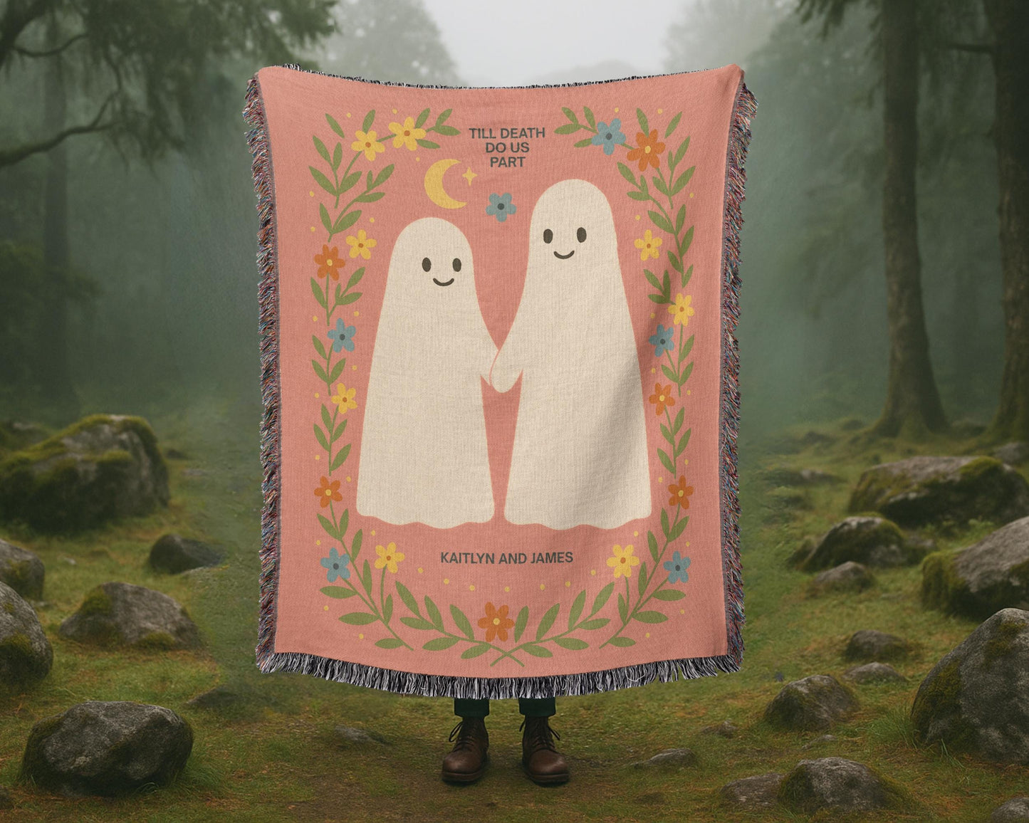 Personalized Halloween Woven Blanket with Cute Kawaii Ghosts