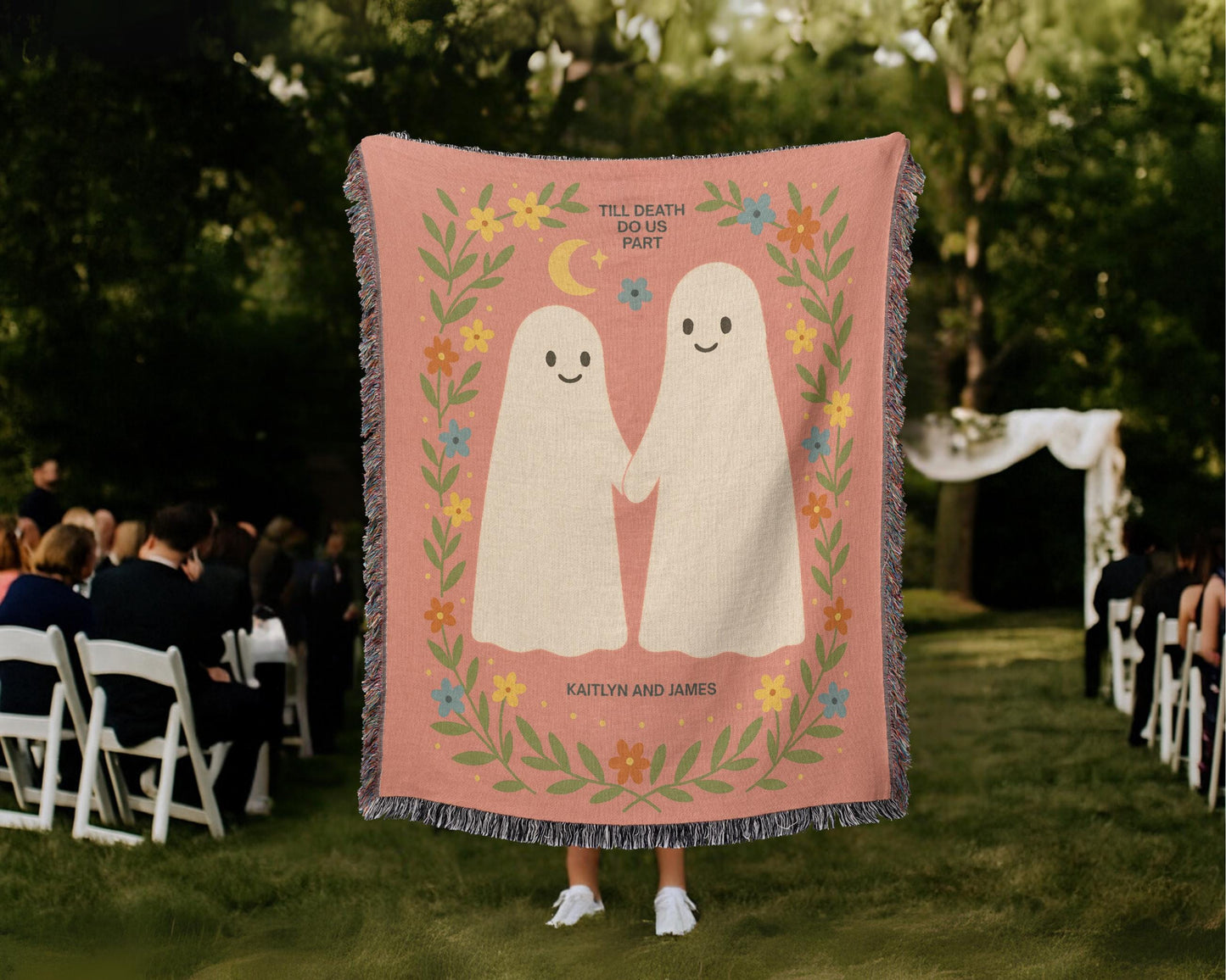 Personalized Halloween Woven Blanket with Cute Kawaii Ghosts