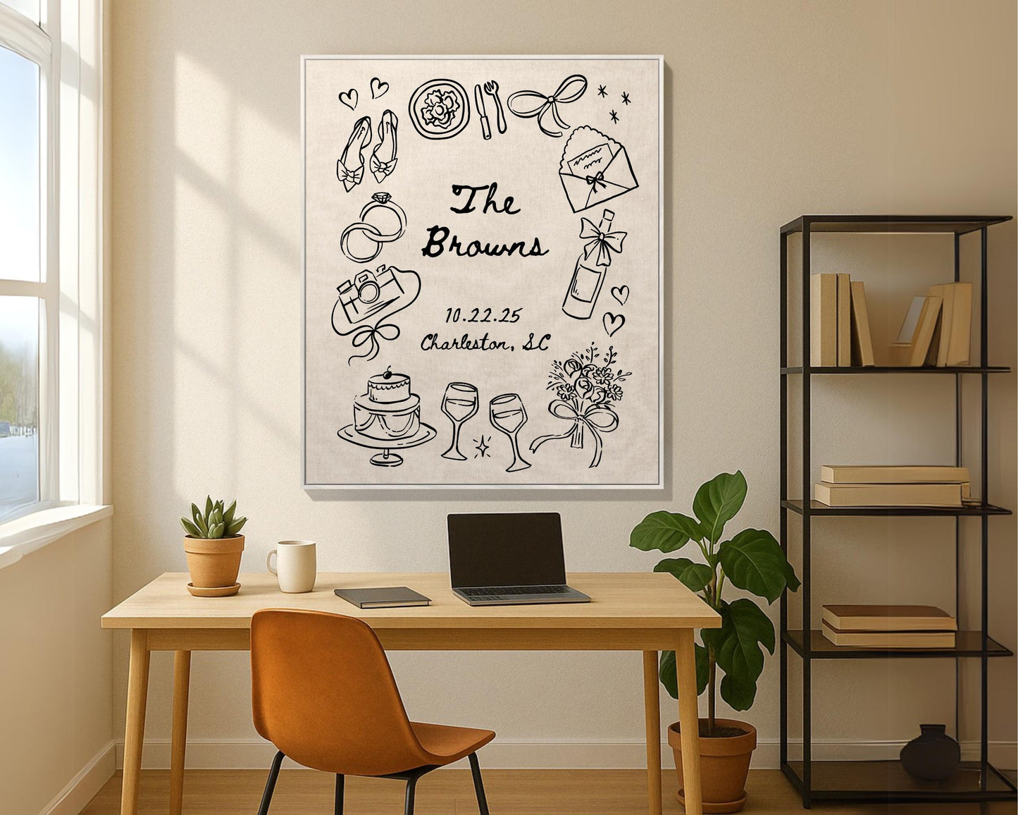 Custom Wedding Woven Cotton Blanket with Whimsical Doodle Drawings