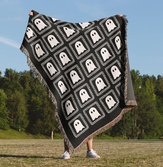 Black Halloween Ghost Woven Blanket