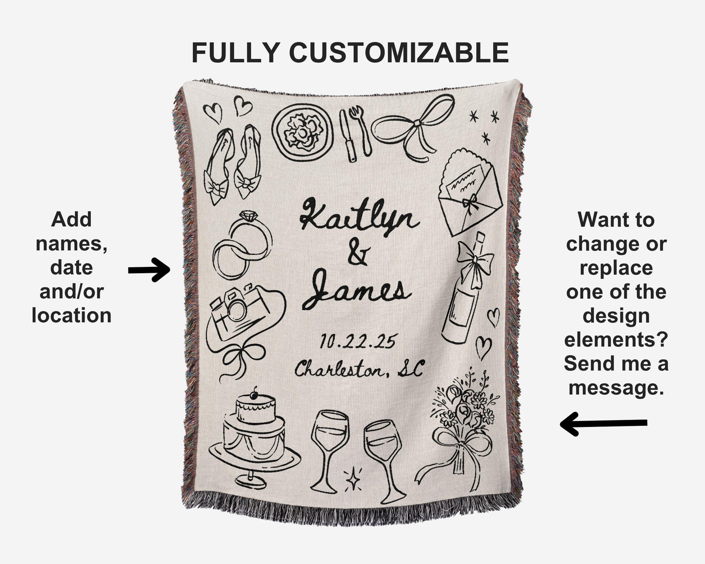Custom Wedding Woven Cotton Blanket with Whimsical Doodle Drawings