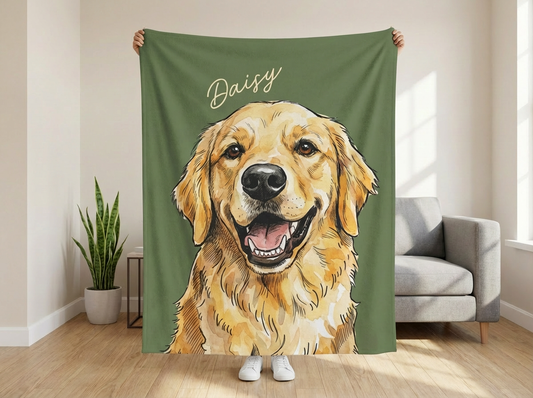 Custom Watercolor Pet Portrait Fleece Blanket in Green
