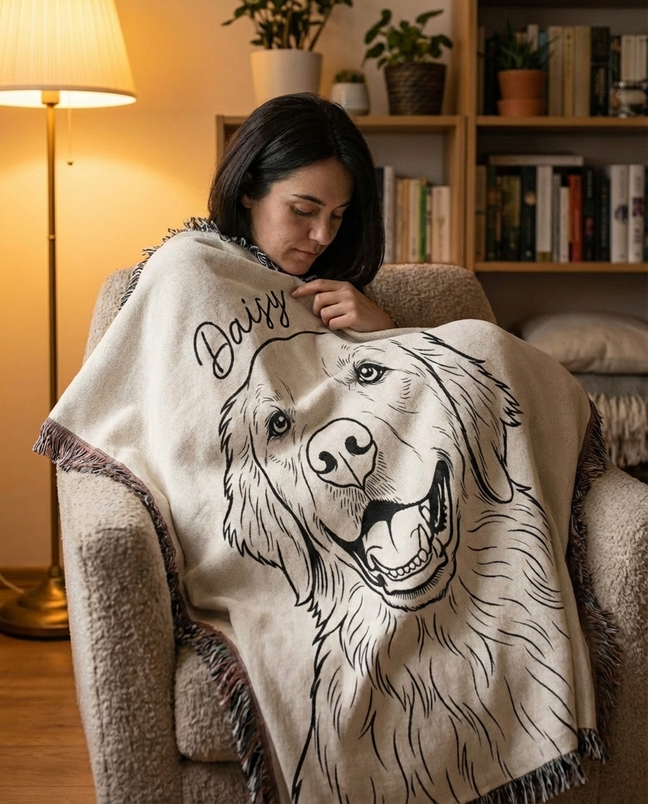 Custom pet memorial blanket with hand-drawn golden retriever portrait woven in cotton — personalized dog loss gift