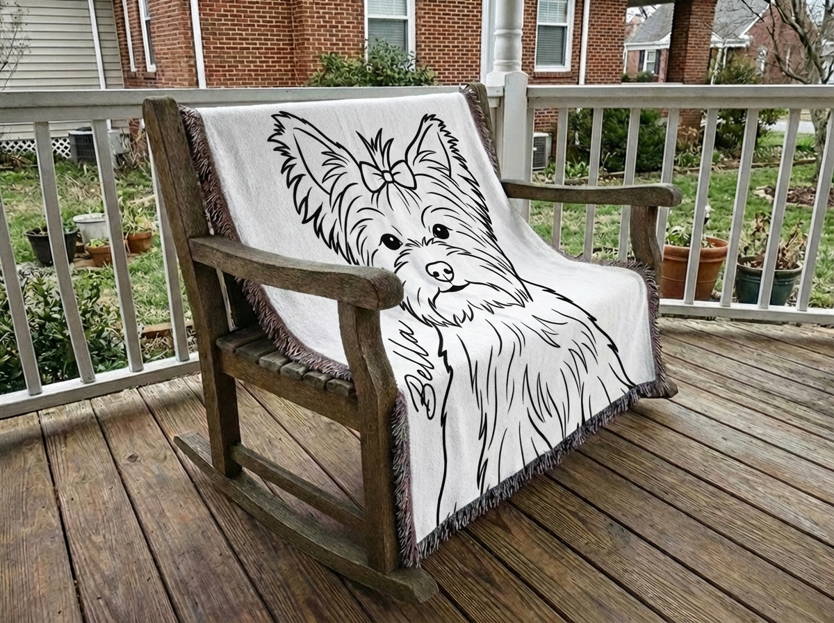 Custom Yorkshire terrier memorial blanket draped over chair — hand-drawn woven pet portrait keepsake gift