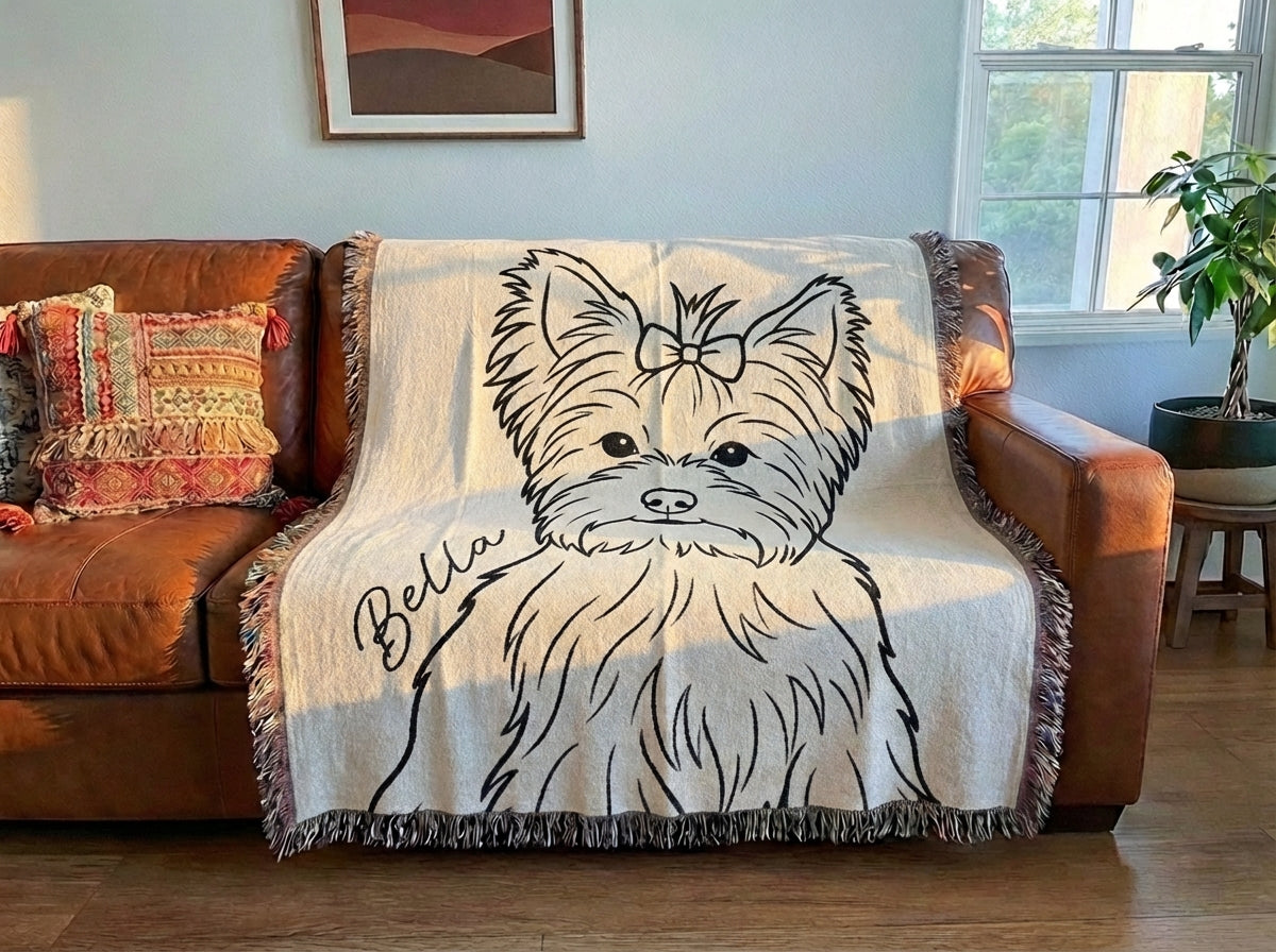 Custom small dog portrait memorial blanket on sofa — personalized woven cotton pet loss sympathy gift