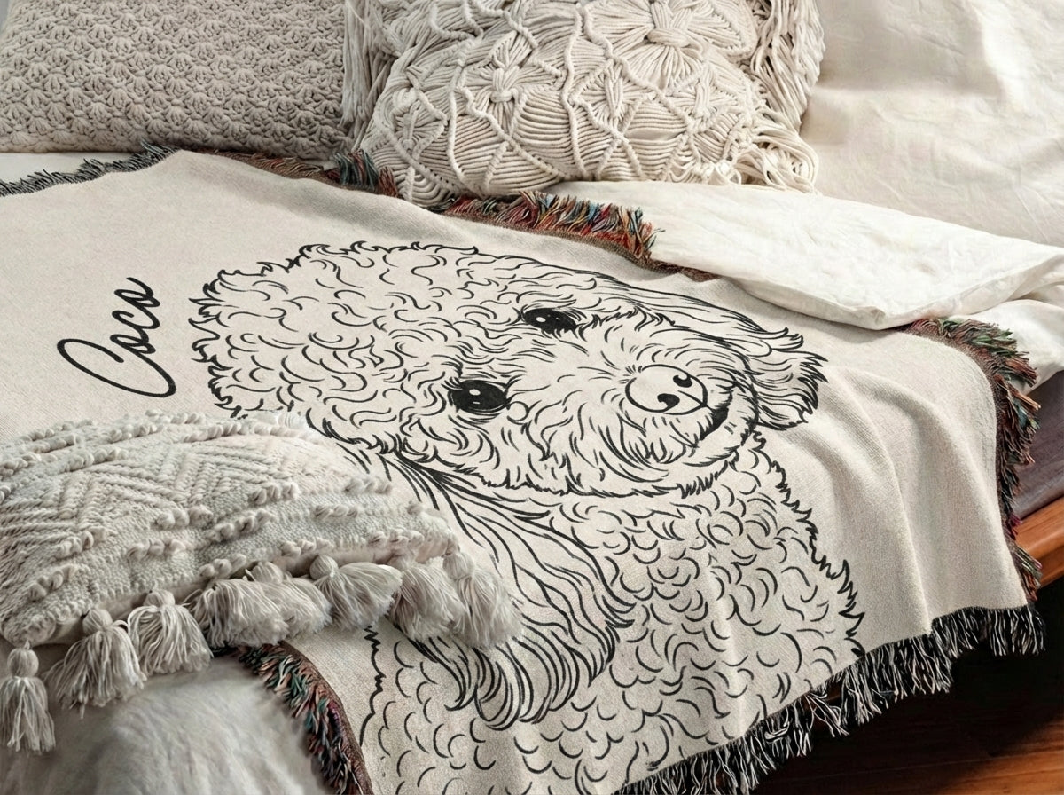 Pet memorial blanket size comparison: 37x52 lap size, 50x60 throw, 60x80 large — custom dog portrait